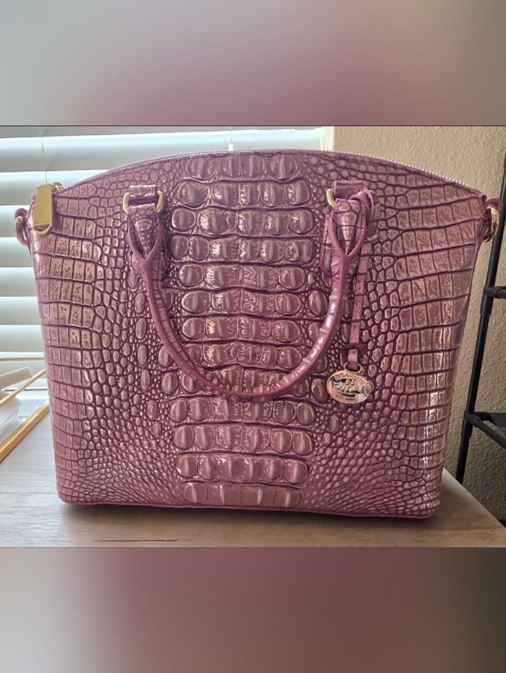 Brahmin Glossy Croc-Embossed Satchel in Mauve Pink